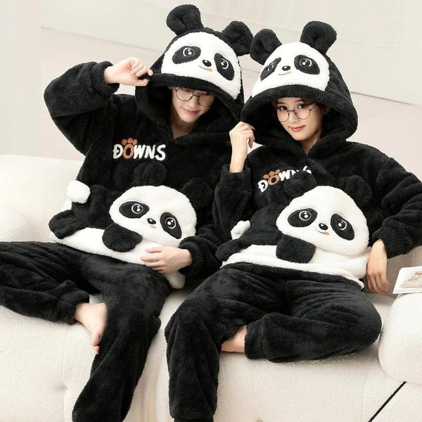 Indumenti da notte da uomo Inverno Addensare Coppie Pigiama Vestito Donna Uomo Cartoon Panda Pigiama Set Morbido e caldo Pigiama con cappuccio Amanti della peluche Set