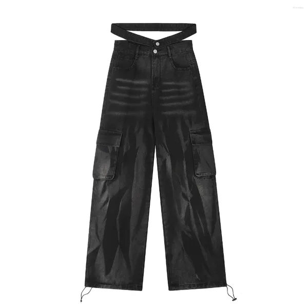 Jeans masculinos lacible dois cintos elásticos hem tie dye 2024 sólido casual denim calças outono inverno homens mulheres hip hop carga