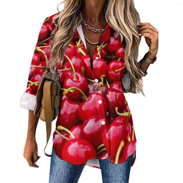 Camicette da donna Camicetta casual con stampa di ciliegie rosse Camicetta casual a maniche lunghe Frutta carina Camicia oversize da strada da donna Top personalizzato Regalo di compleanno