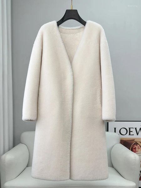 Женское меховое пальто из овечьей шерсти 2023, зернистое овечье флисовое пальто средней длины с v-образным вырезом, молодежное пальто для женщин