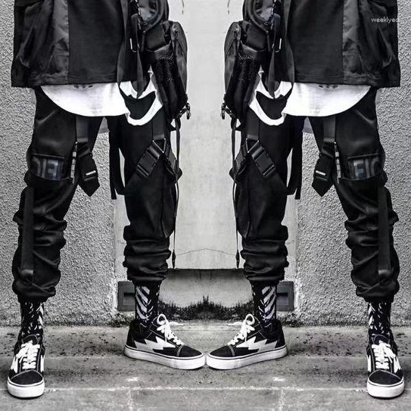 Calças masculinas carga hip hop streetwear joggers calças hit cor bolso moletom verão harajuku casual fitas techwear