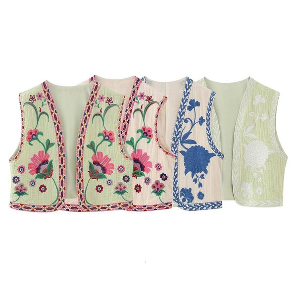 Coletes femininas vintage mulheres floral bordado colete jaquetas verão estilo nacional aberto cintura casual retalhos v pescoço senhoras tops curtos 231218