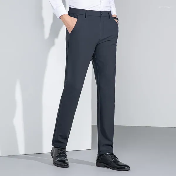 Ternos masculinos elegantes, calça preta, azul, cinza, calças casuais de negócios, nylon, spandex, tecido misturado, confortável, calças de trabalho de escritório, inteligente