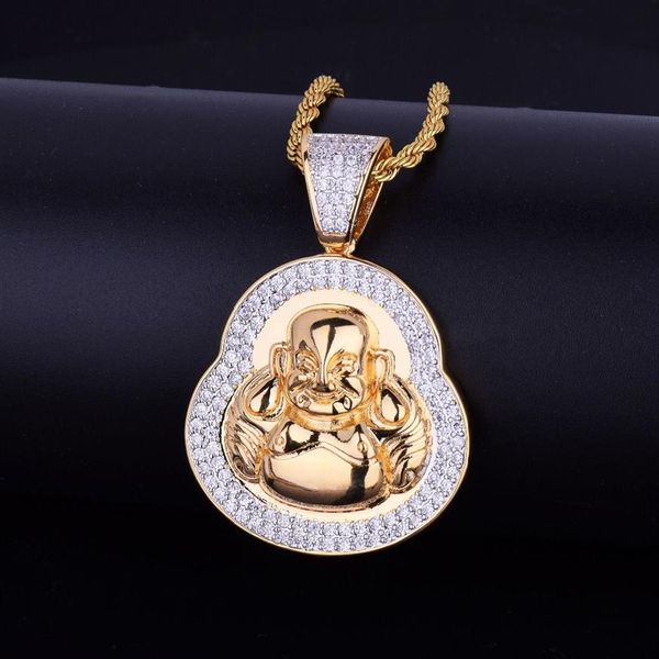Новый мужской хип-хоп ювелирные изделия кулон ожерелье Iced Out Улыбка Будды цвета: золотистый, серебряный цвет кубический циркон веревка Chain273S
