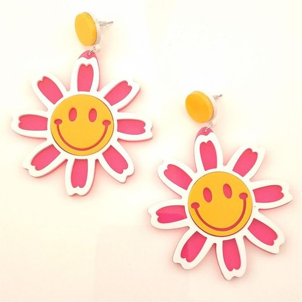 Neue süße Smiley-Blume, große baumelnde Ohrringe für Frauen in 3 Farben, klare Acryl-Ohrringe, Modeschmuck, Accessoires275s