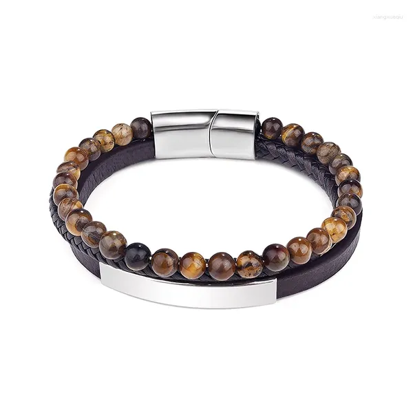 Charme pulseiras de aço inoxidável couro para homens clássico fivela magnética pulseira com multi-camada tecelagem masculino jóias presentes