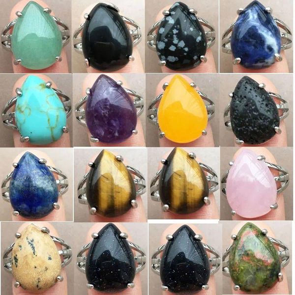 Anéis de cluster Cristal Opala Unakite Tiger Eye Aventurine Lapis Lazuli Howlite Blue Sand Lava Water Drop Bead Anel 7-12 