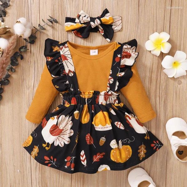 Conjuntos de roupas Halloween Born Girl Outfit Manga Longa Pescoço Abóbora Letras Imprimir Patchwork Romper Vestido com Faixa de Cabeça de Três Peças 0-18M