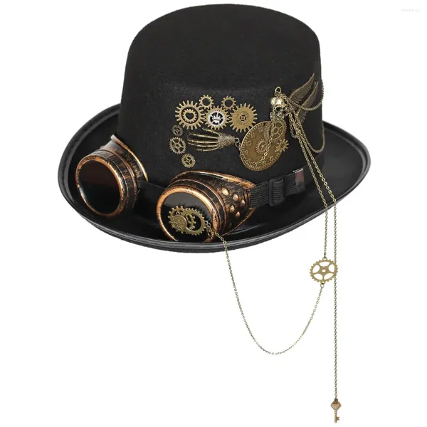Berets Designer Marca Steampunk Top Hat Engrenagem Goth Óculos Retro Heavy Industry Cap Headdress Casquette Homme Sombreros Para Mujeres