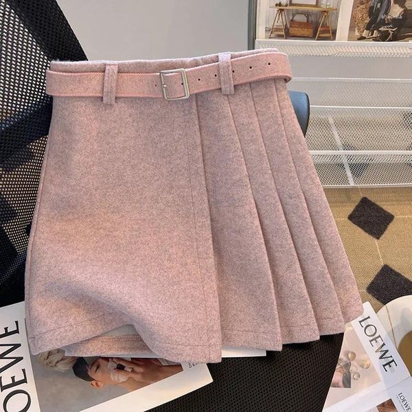 Saias rosa de lã mini saia para mulheres de inverno cintura alta plissada a linha coreana elegante curta