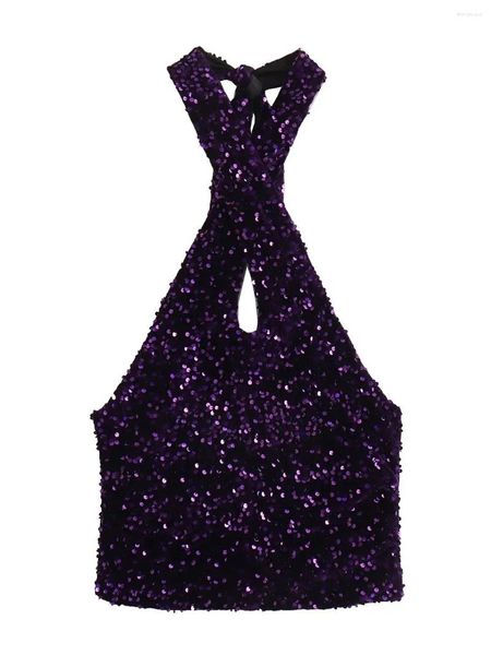 Kadın Tankları Xnwmnz Moda 2023 Sequin Velvet Halter Üstü Kadın Tarzı Açık Geri Bağlı Yay Çok yönlü Kadın Şık