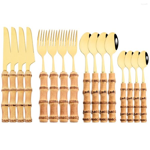 Conjuntos de louça 16/24 pcs madeira bambu raiz lidar com talheres conjunto ouro colher de aço inoxidável garfo faca talheres cozinha festa talheres