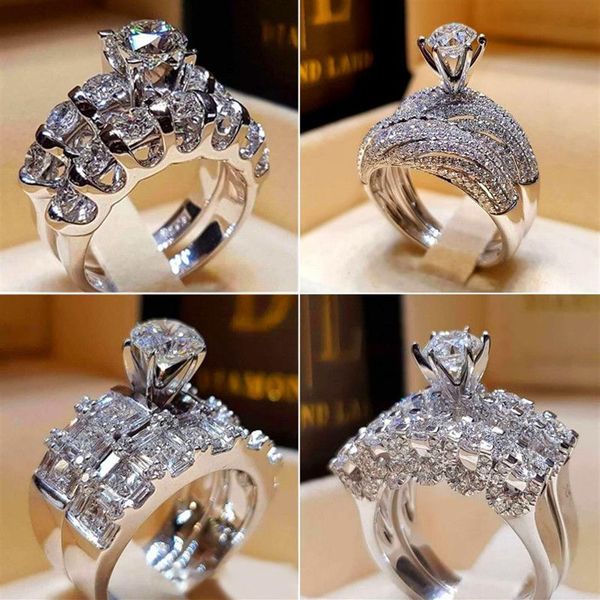 Luxury Female Crystal Diamond Engagement Ring Set Fashion 925 Silver Big Stone Finger Ring Vintage Bridal Wedding Rings For Women268m