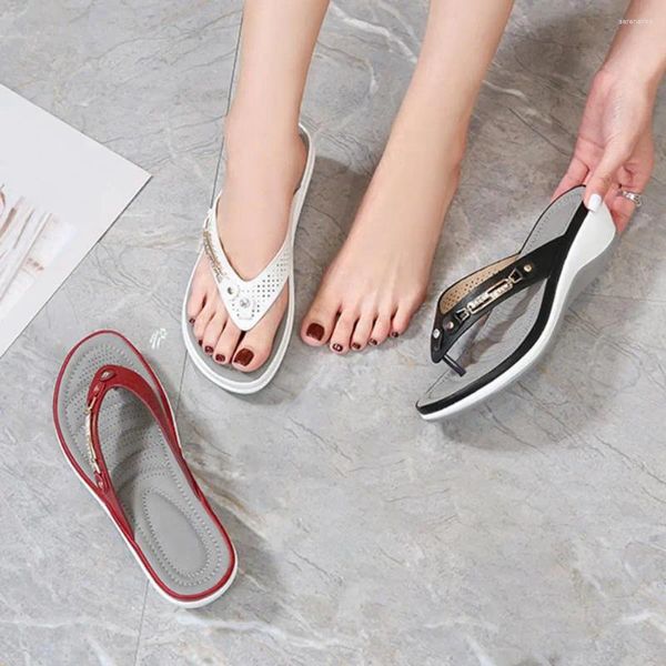 Slippers Beach Wedge Sole Non-slip Rhinestone Faux Leather Women Shoes Summer Outdoor Flops Slides Sandals Vacation Wear