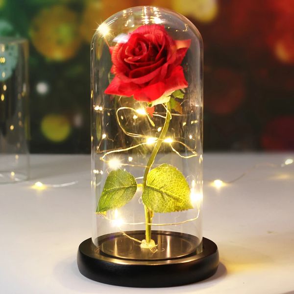 Ghirlande di fiori decorativi Incantata La Bella e la Bestia Fiore di rosa con base nera Luce a LED in cupola di vetro San Valentino Regalo di Natale Matrimonio Decorazioni per la casa 231218