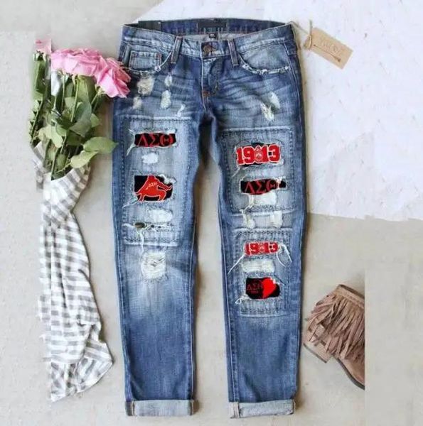 Dresses Direct Deat Crossborder europäische und amerikanische griechische Sorority-Jeans mit mittlerer Taille und bedrucktem Sticker-Loch für Damen