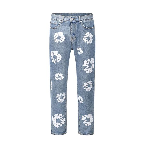 Pantalones vaqueros morados para hombre Pantalones vaqueros de diseño con estampado de flores Pantalones vaqueros de gran tamaño Ropa de calle recta informal para hombres y mujeres Pantalones de mezclilla