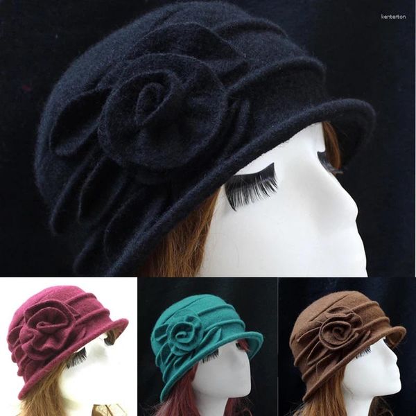 Berets Vintage Retro Wolle Männer Hüte Herbst Winter Weibliche Warme Fedora Dame Luxus Elegante Filz Baskenmütze Frau Chic Blume Cloche hut