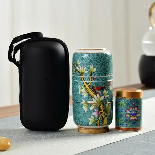 Conjuntos de chá cerâmica chinês esmalte cor xícara de chá criativo conjunto de viagem portátil com caixa escritório bule selado canister drinkware presente