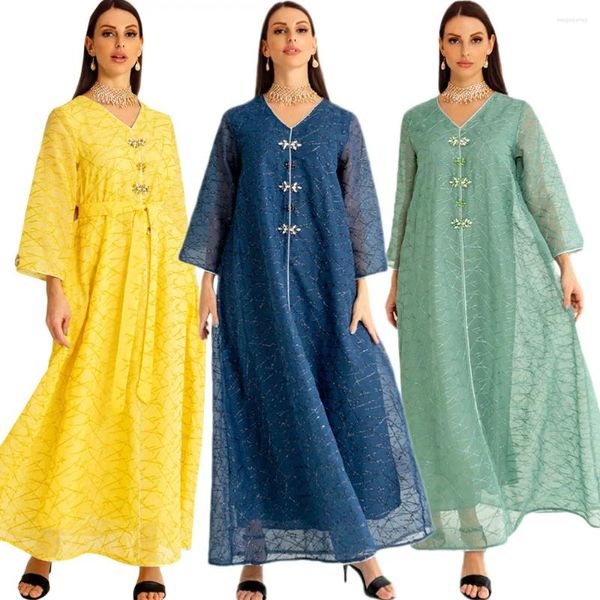 Abbigliamento etnico Elegante maglia Diamanti Abaya Abiti da donna musulmana Turchia Arabo Eid Mubarak Caftano Dubai Abito lungo Marocchino Djellaba Jalabiya