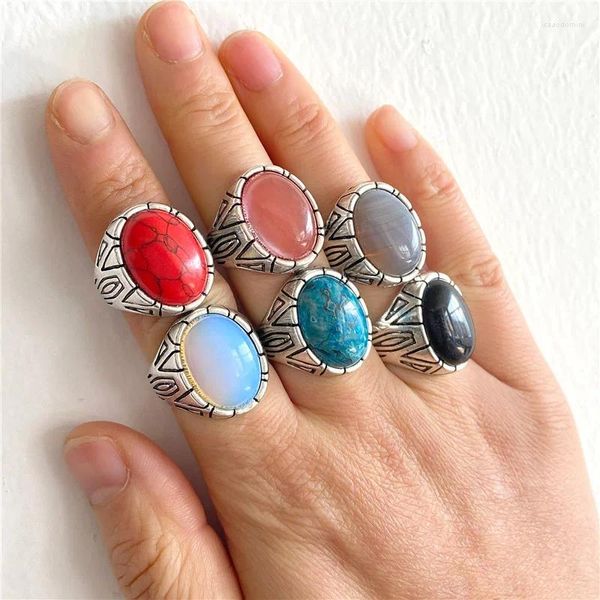 Cluster Ringe Vintage Naturstein Silber Farbe Cabochon Opal für Frauen Einstellbare Charm Ring Männer Modeschmuck Tribal Party