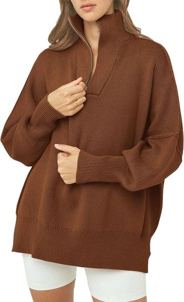 Suéteres femininos outono pulôver oversized suéteres casuais manga comprida zip up lapela decote em v de malha tops de inverno