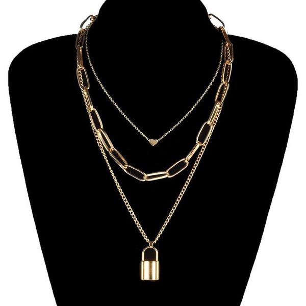 Creative Geometric Chain Heart Lock Necklace Pendant Gold Punk Multilayer Clavicle Necklaces for Women Fashion Neck Jewelry229o