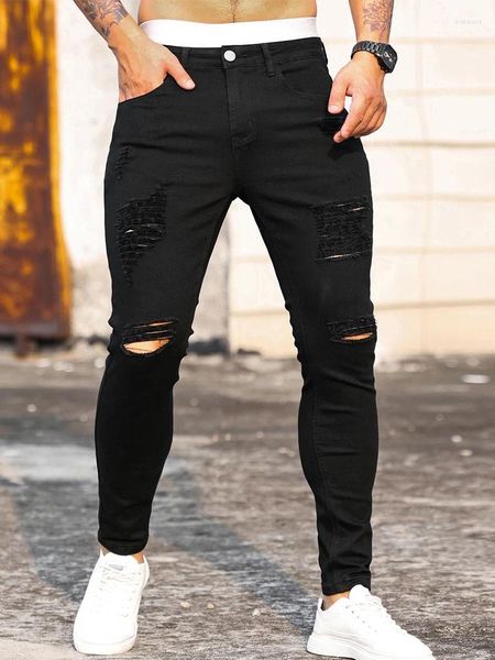 Jeans masculinos homens rasgados calças de buraco magro de alta qualidade primavera verão moda magro vintage preto hip hop streetwear mans calças