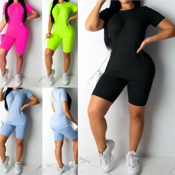 Calças femininas de duas peças moda mulheres esportes terno t-shirts colheita top shorts outfit treino roupas tracksuit outfits cor sólida motociclistas magro