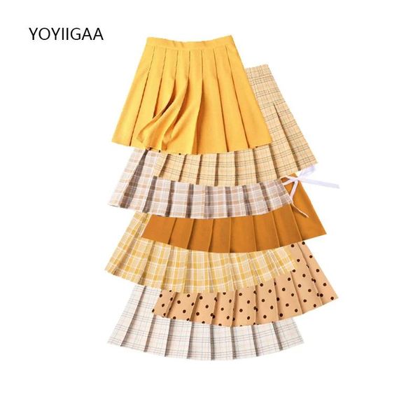 Свитера женские плиссированные юбки летние с высокой талией женские танцевальные мини-юбки Haruku консервативный стиль женские клетчатые юбки желтая теннисная юбка