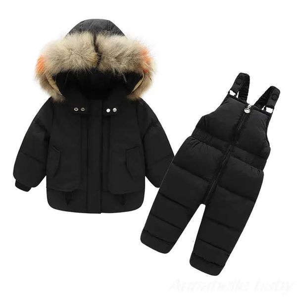 Conjuntos de roupas Parka real pele com capuz menino bebê macacão inverno para baixo jaqueta quente crianças casaco criança snowsuit neve criança menina roupas conjunto 231218