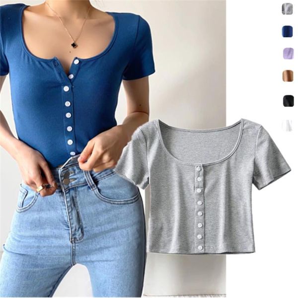 Mulheres Camisetas Moda Estilo Retro Jovem Adulto Único Aberto Dois Botões U Collar Cintura Alta Curto Bare Midriff Slim Fit Olhando Manga