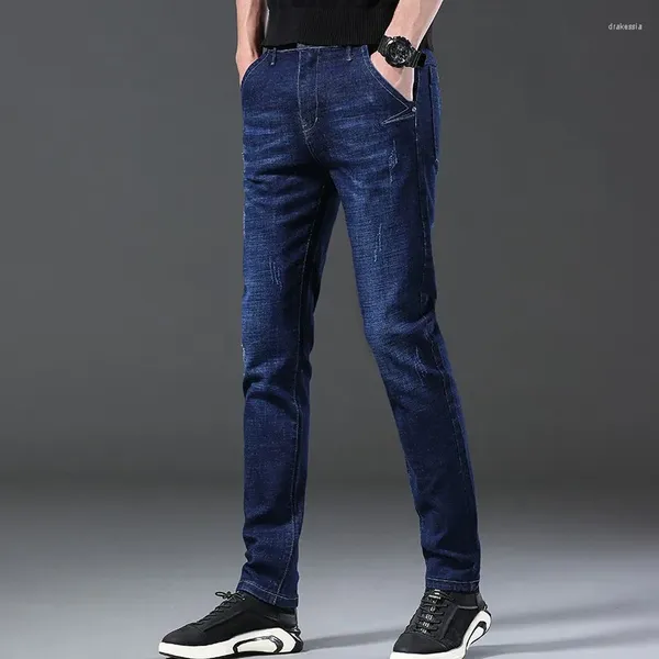 Erkekler kot marka giyim ince düz erkek denim elastik siyah mavi günlük moda pantolon erkek dört mevsim uzunluğunda pantolon