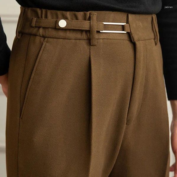 Ternos masculinos italianos casuais cintura alta calças retas homens moda fivela ajustável negócios calças formais pant para social