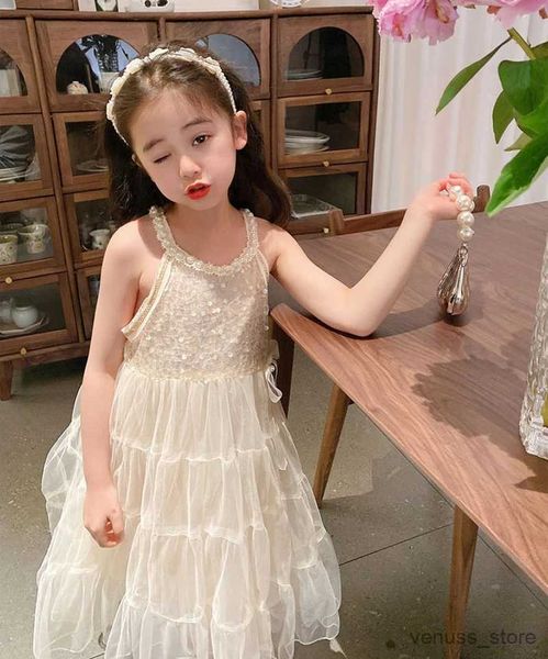 Mädchen Kleider Ärmellos Sommer Baby Mädchen Kostüm Prinzessin Kinder Mädchen Elegantes Kleid Perlen Rundhals Spitze Prinzessin Kleidung Kinder Mesh Kleid