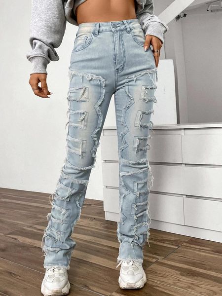 Damenjeans American Split für Damen Rosa Schwarz Hoch taillierte unregelmäßige Patchwork-Y2k-Hosen Gestapelte Hosen mit geradem Bein