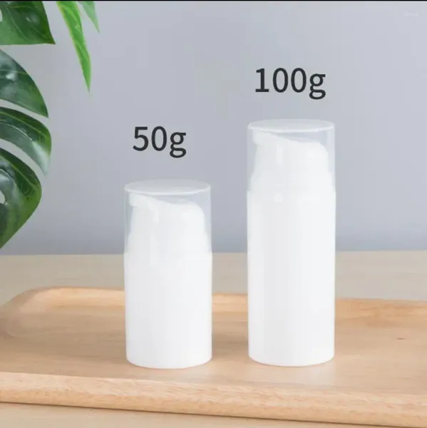 Bottiglie di stoccaggio Bottiglia senz'aria in plastica bianca intera da 100 ml Pompa bianca/trasparente per lozione/emulsione/siero/essenza/fondotinta Cura della pelle