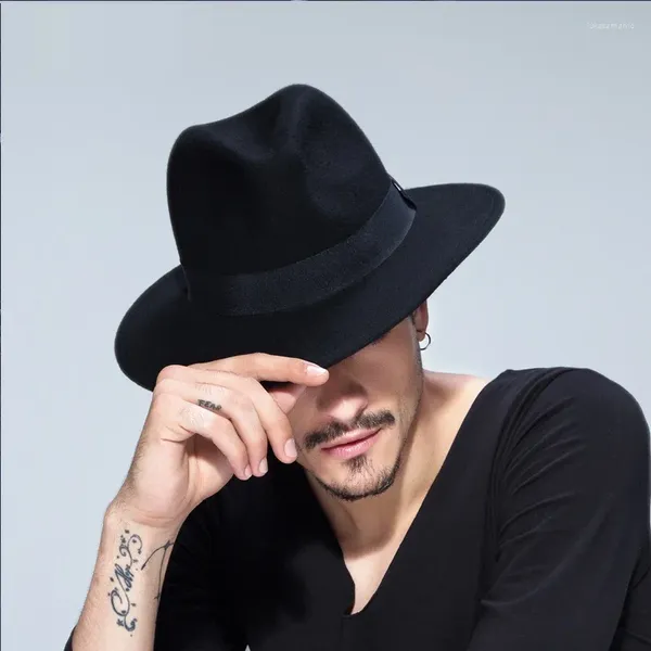 Berets masculino lã feltro britânico panamá jazz chapéu fedora preto aba larga clássico trilby B-1509