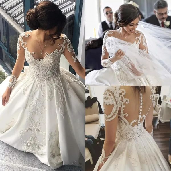 Boncuk balo elbisesi gelinlik seksi, vestido de novia artı beden dantel uzun kollu gelinlik