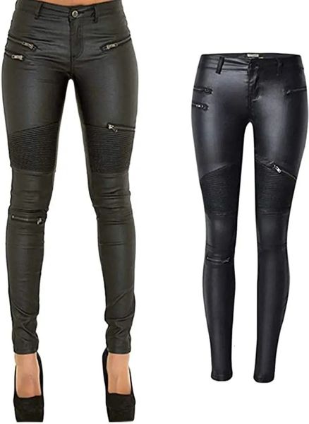 Damenhose Capris Winter Herbst PU-Leder beschichtetes Denim für Frauen Sexy enge dehnbare Reiterleggings Schwarz Kaffee Rock Punk Party XXXL 231218