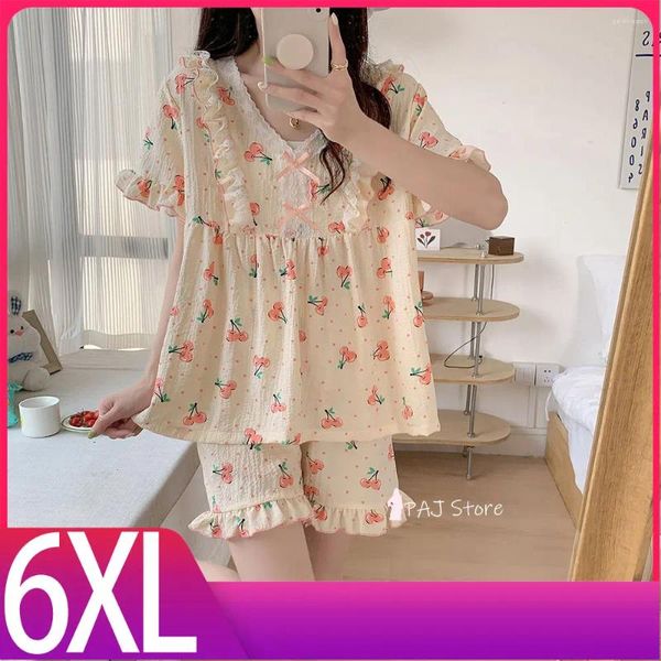 Pijamas femininos 5xl 6xl algodão gaze pijamas conjunto com shorts casa roupa mulher estilo coreano conjuntos bonito plissado pijamas 2023