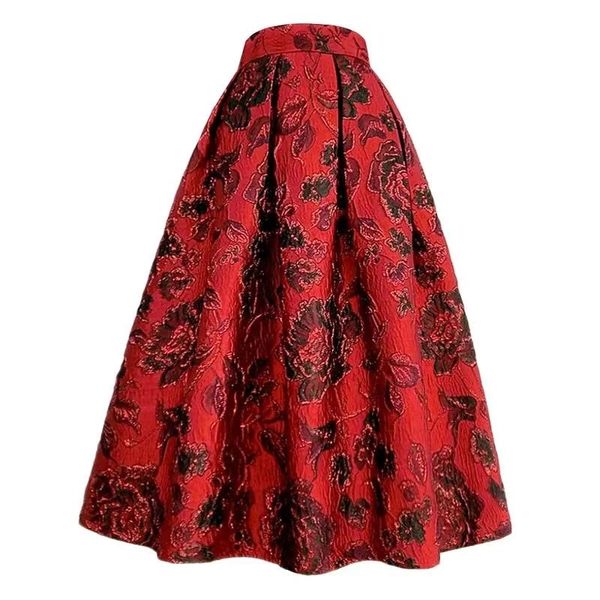 Vestidos 2023 primavera verão hepburn vintage elegante boutique floral flor bordado estética cintura alta vermelho longo saia plissada 5xl