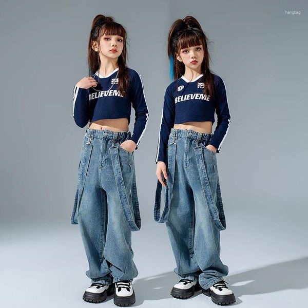 Palco desgaste 2023 meninas jazz dança roupas mangas compridas colheita tops solto jeans hip hop crianças prática desempenho roupas moda terno bl12187