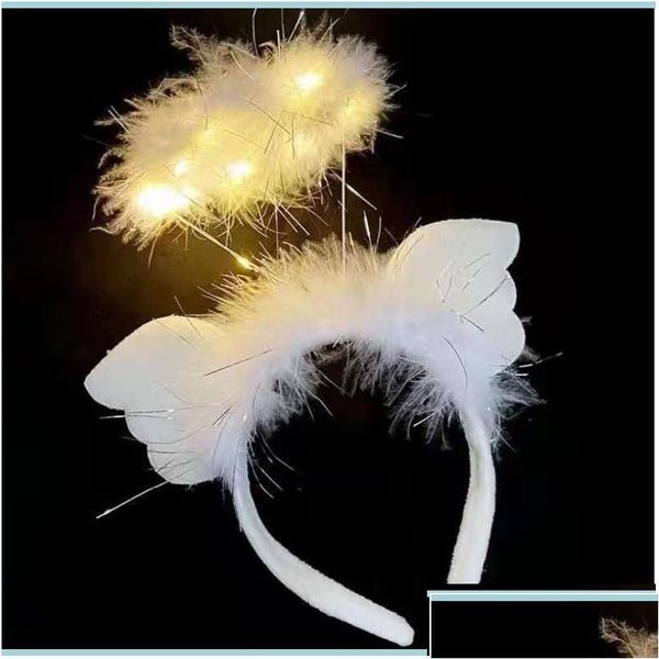 Outros suprimentos de festa de evento iluminam LED Angel Halo Headband Branco Asas de Pena Natal Fantasia Vestido Traje Acessório de Cabelo Drop Dhzr0