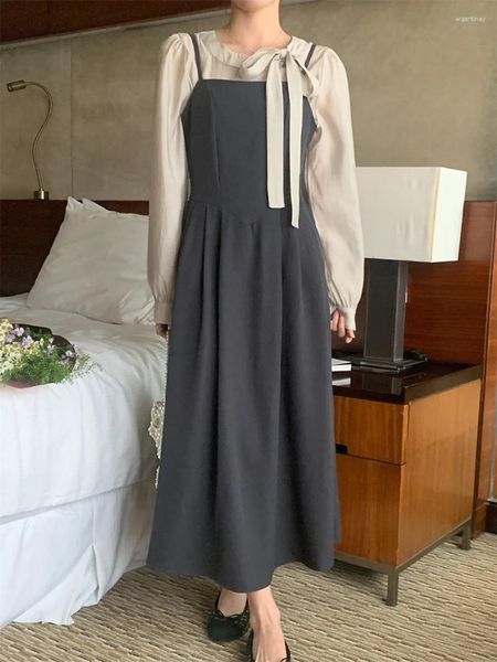 İş elbiseleri uzaylı kedicik sonbahar zarif gömlekler kadınlar kayma uzun elbise takım elbise şık 2023 nazik ol Ofis Lady Wear Vintage Sets