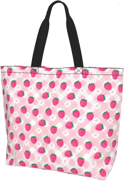 Sacos de compras morango rosa bolsa de ombro bonito bolsa reutilizável mercearia tote meninas lona armazenamento bolsas moda