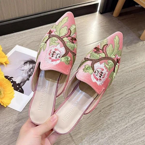 Slippers Print Women Suede Flats Mules Shoes 2024 Spring Designer Pointed Toe Slingback Sandals Walking Flip Flops Femme Slides