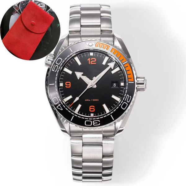 Herrenuhren, 43 mm, orangefarbene Keramiklünette, Omg 600 m, Designeruhr, hochwertiges Automatikwerk, Saphirglas, wasserdicht, mit Tasche, Montre Original Relojes