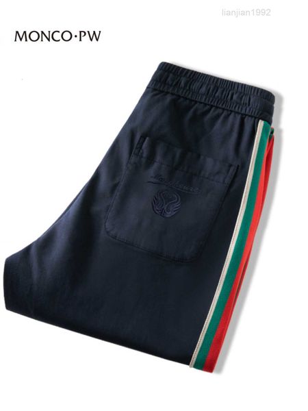 Mengkou Hot High end Pantaloni da uomo Casual Slim Fit Tie Foot 2023 Nuovi pantaloni sportivi in seta di cotone ricamato a strisce laterali a contrasto per uomo