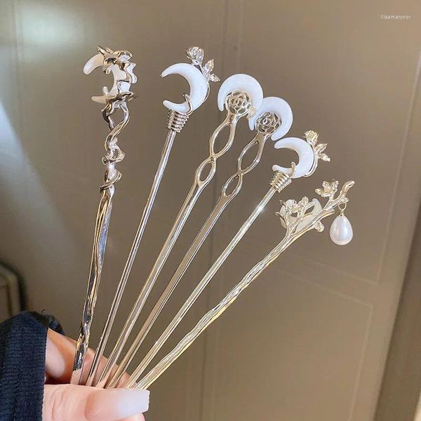 Grampos de cabelo em forma de lua vara metal ramo hairpin garfo chinês hanfu acessórios para meninas cosplay festa jóias